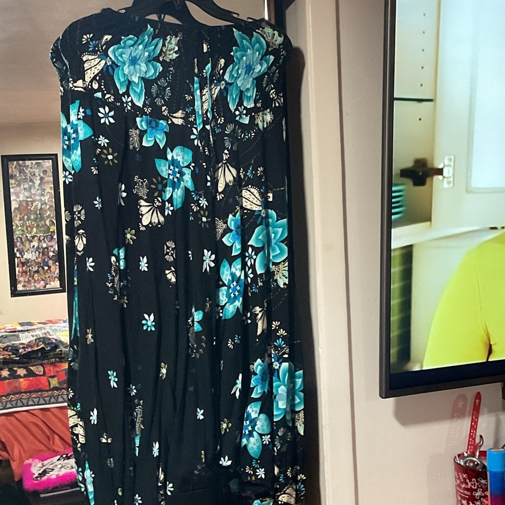 Chic Black Dress with Blue Floral Design